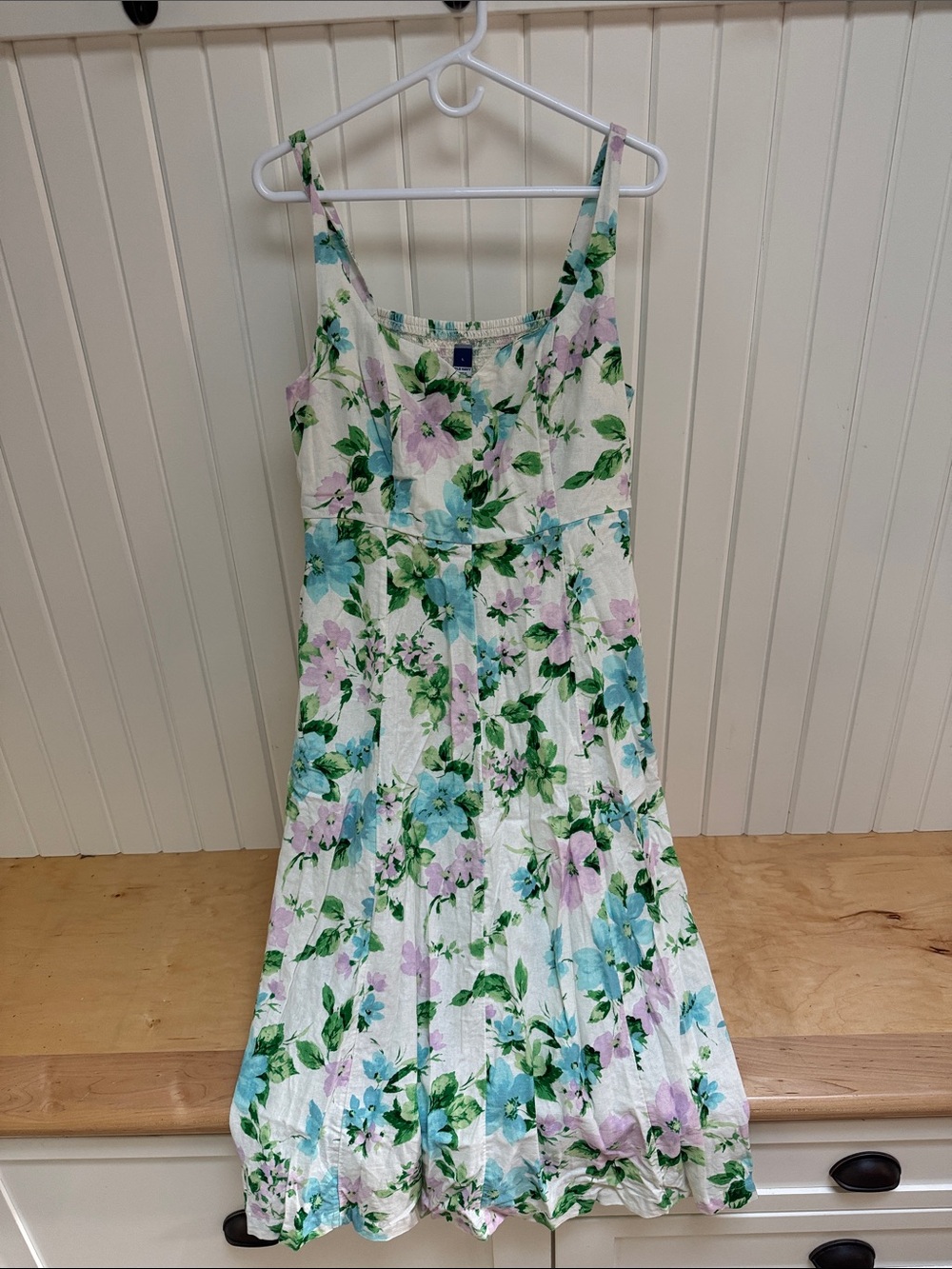 Old Navy White Floral Sundress with Blue, Green, and Lavender Flowers